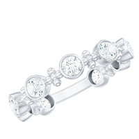 Rosec Jewels certified moissanite stackable wedding band in bezel setting, showcasing a sparkling ring with a sleek design.