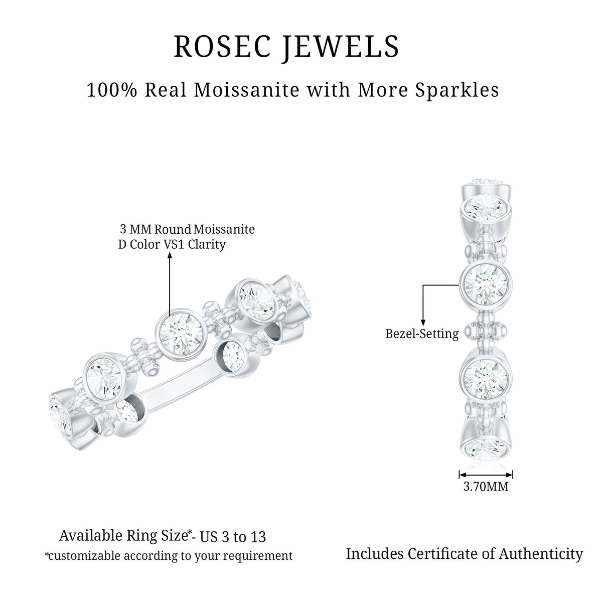 Stackable wedding band with bezel-set moissanite stones, crafted by Rosec Jewels, shown in a close-up view.