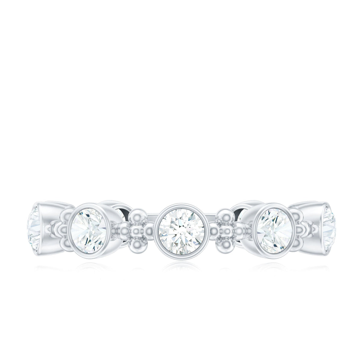 Certified moissanite stackable wedding band in bezel setting by Rosec Jewels, featuring a sleek, elegant ring design.