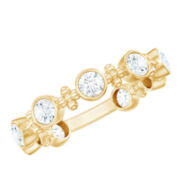 Certified Moissanite stackable wedding band in bezel setting, featuring sparkling gemstones, by Rosec Jewels.