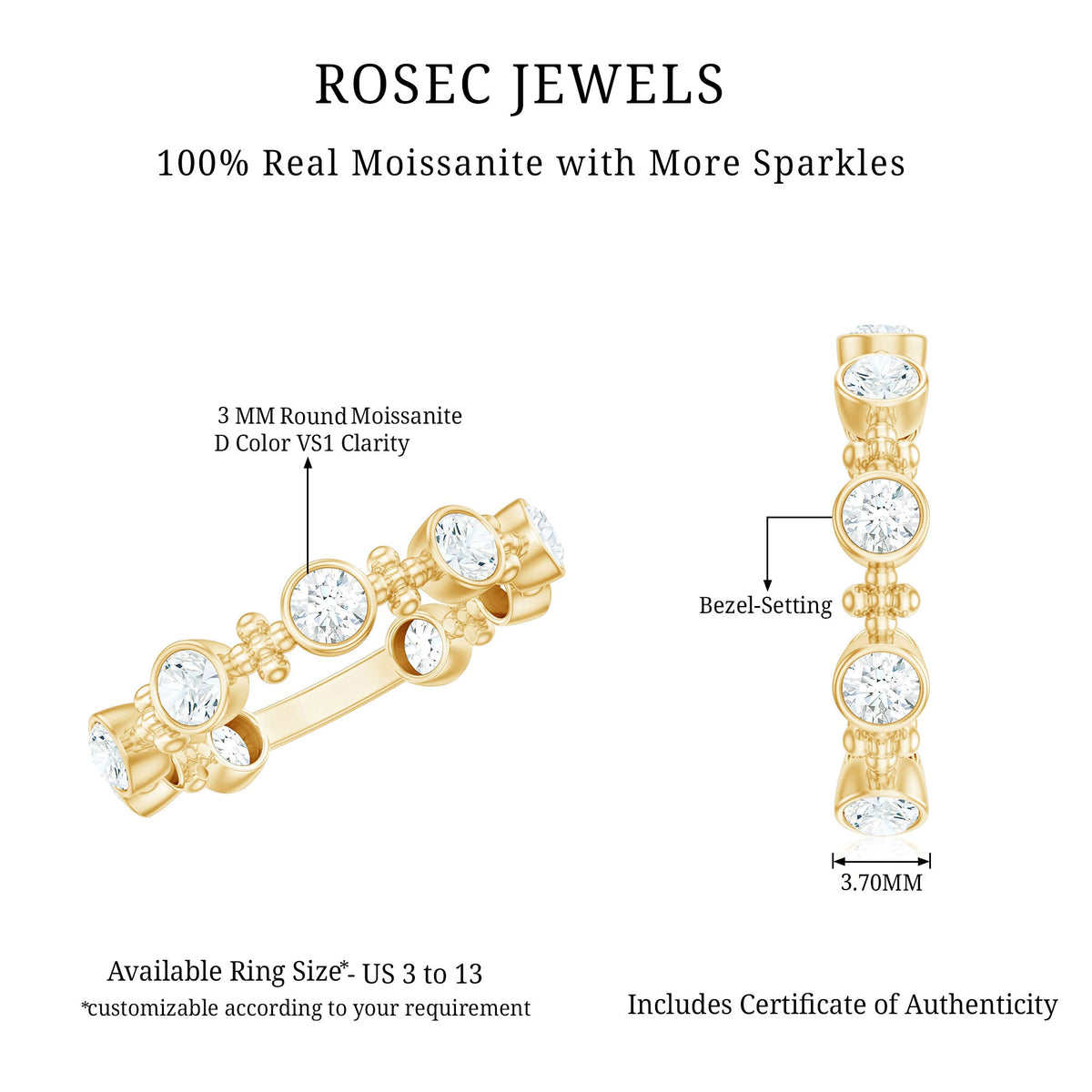 Certified moissanite stackable wedding band in bezel setting, featuring Rosec Jewels rings with sparkling gemstones.