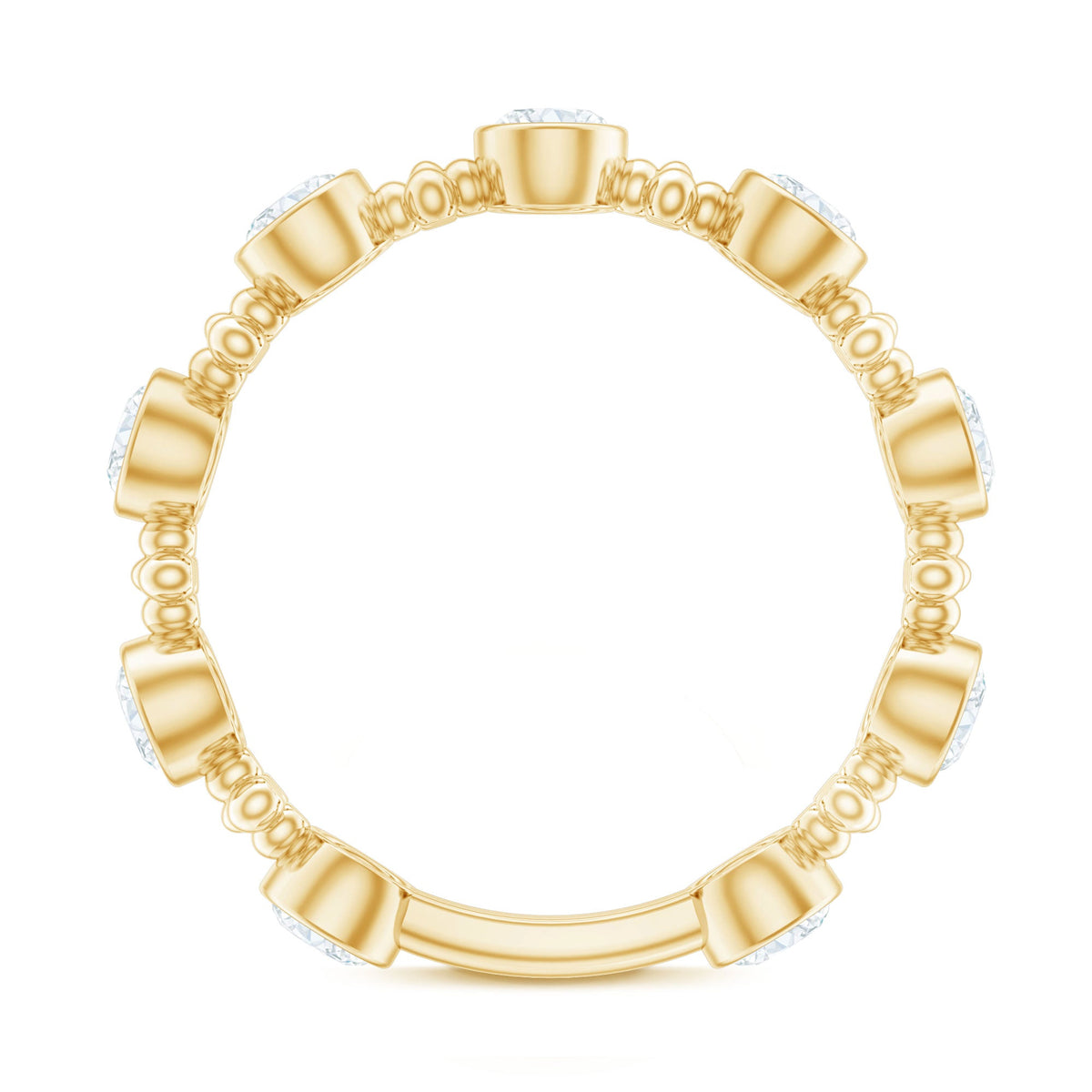 Stackable wedding band featuring bezel-set moissanite stones, crafted by Rosec Jewels, showcasing a sleek, elegant ring design.