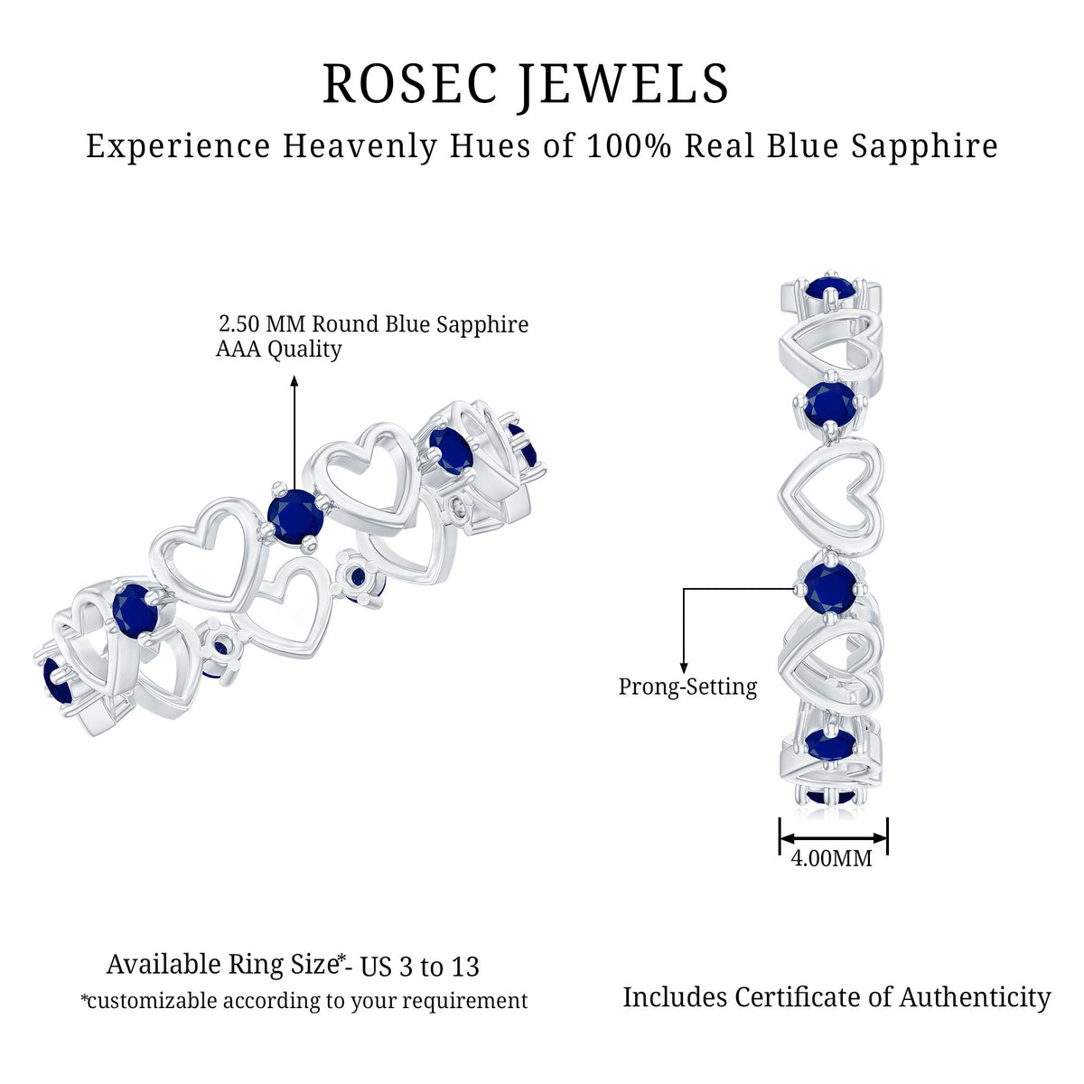 1 Carat Blue Sapphire Open Heart Wedding Band Ring