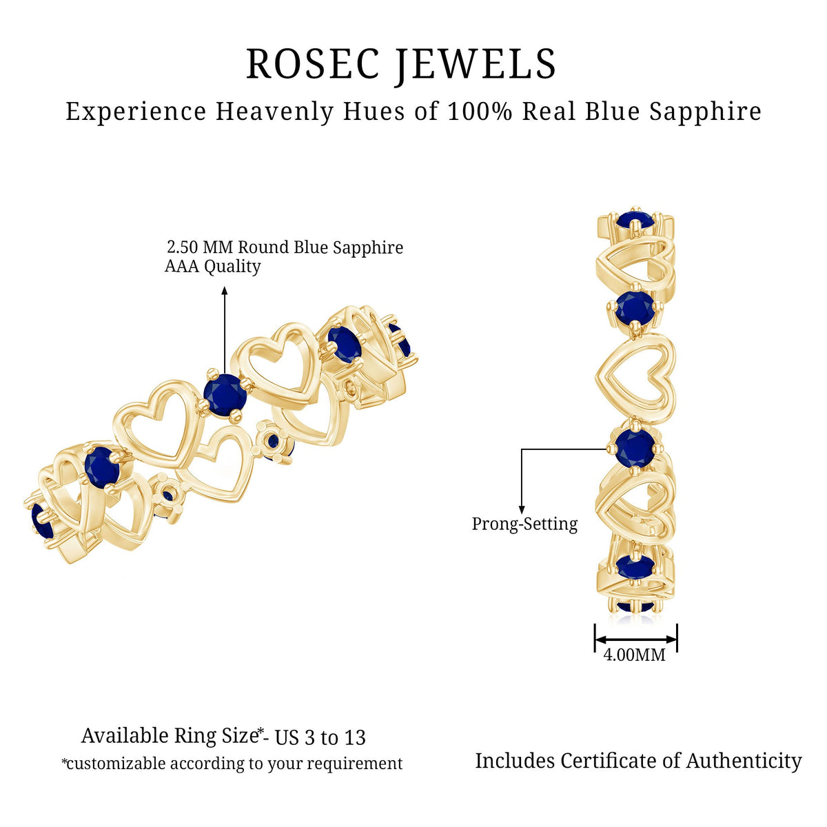 1 Carat Blue Sapphire Open Heart Wedding Band Ring