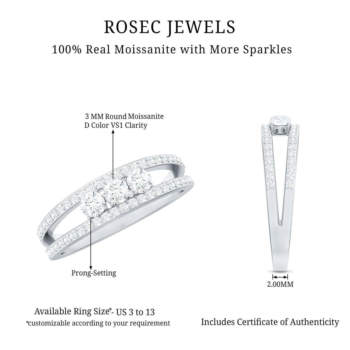 Certified Moissanite 3 stone anniversary ring for women by Rosec Jewels, featuring sparkling center stones and elegant band.