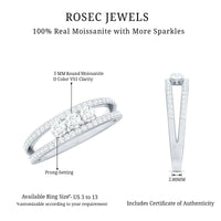 Certified Moissanite 3 stone anniversary ring for women by Rosec Jewels, featuring sparkling center stones and elegant band.