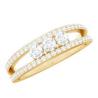 Certified Moissanite 3 stone anniversary ring for women by Rosec Jewels, featuring sparkling gemstones and elegant band design.