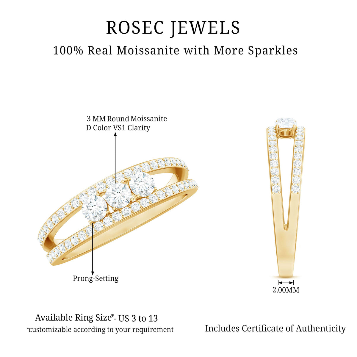 Certified Moissanite 3 Stone Anniversary Ring for Women by Rosec Jewels, featuring three sparkling moissanite gemstones in a elegant ring setting.