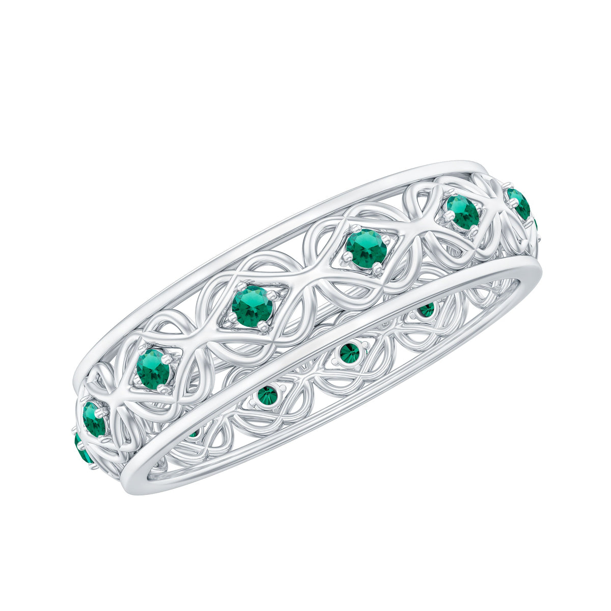Vintage-looking lab-grown emerald wedding band for women, Rosec Jewels, featuring a detailed ring design with a central emerald.