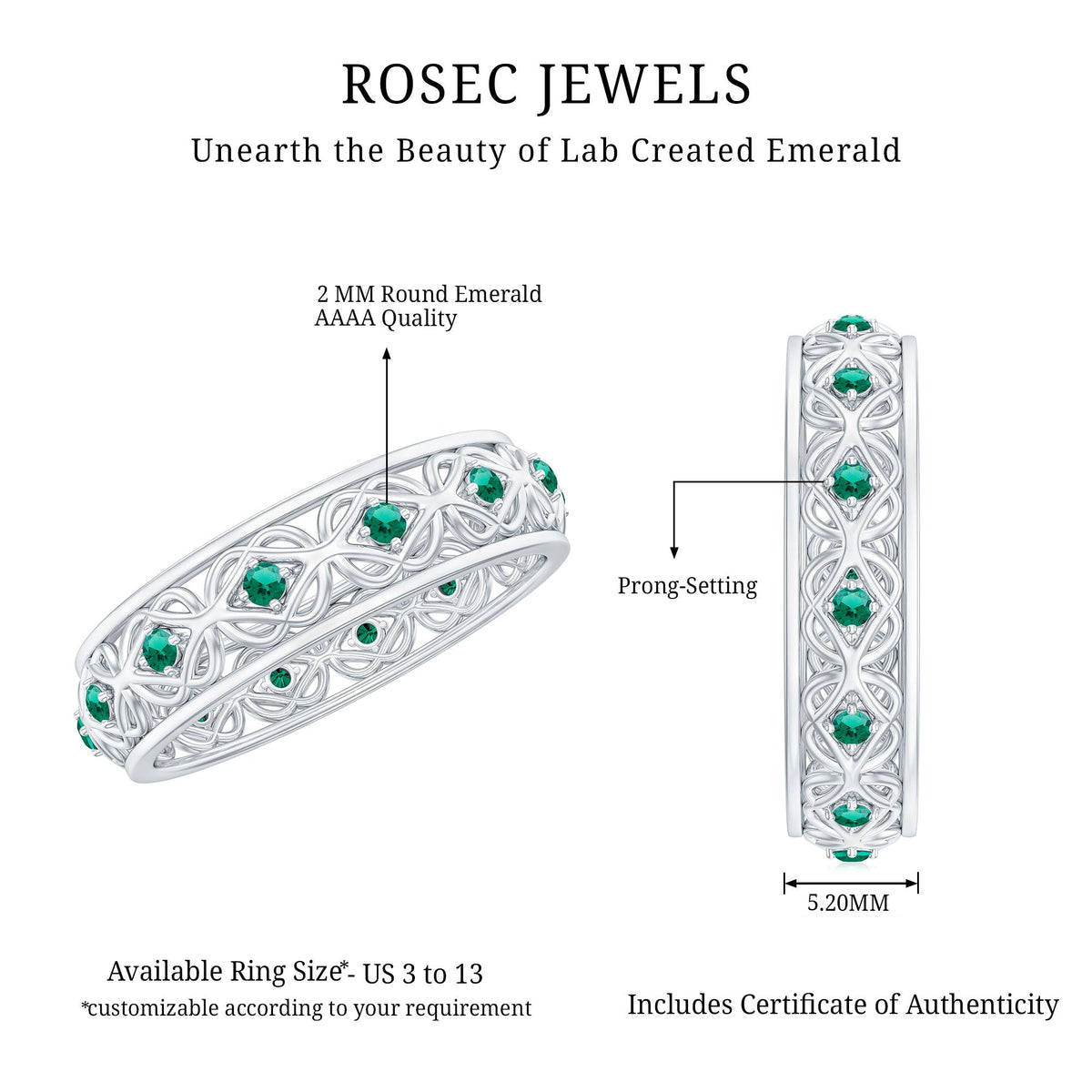 Vintage-looking lab-grown emerald wedding band for women, featuring detailed craftsmanship in Rosec Jewels rings collection.