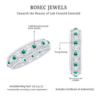 Vintage-looking lab-grown emerald wedding band for women, featuring detailed craftsmanship in Rosec Jewels rings collection.