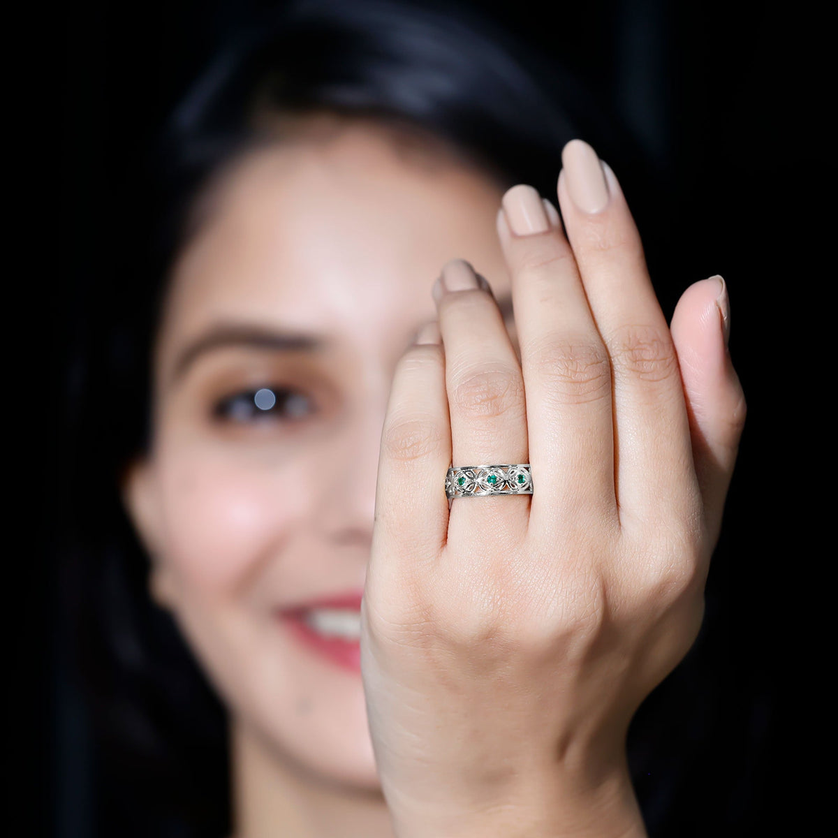 Vintage-looking lab-grown emerald wedding band for women, featuring intricate design and vibrant green gemstones, by Rosec Jewels.