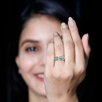 Vintage-looking lab-grown emerald wedding band for women, featuring intricate design and vibrant green gemstones, by Rosec Jewels.
