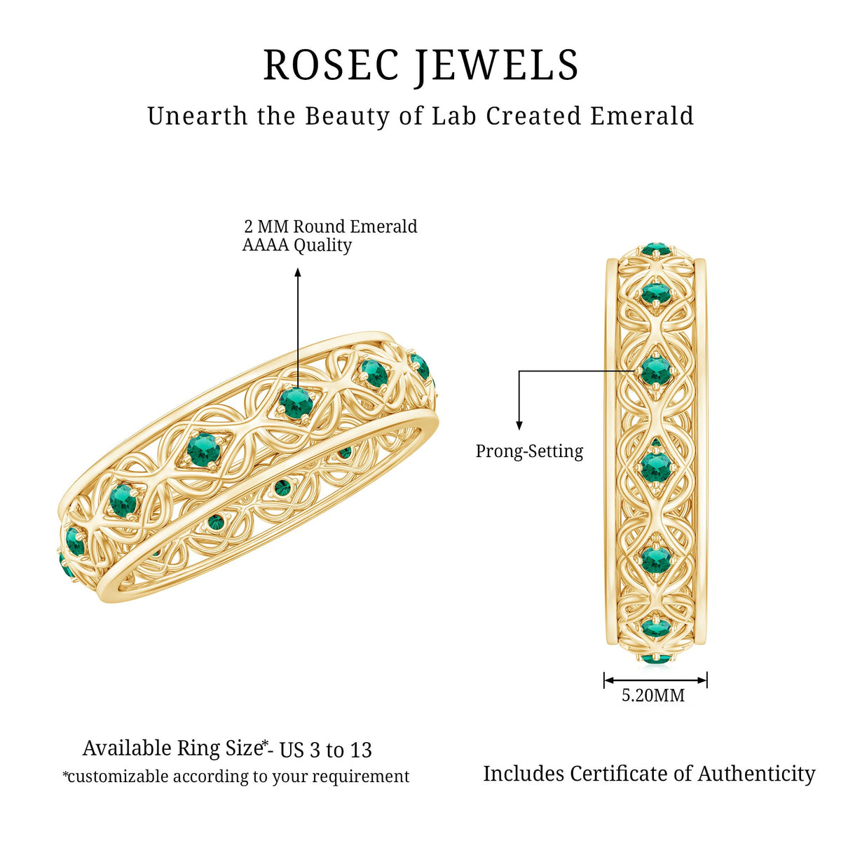 Vintage-looking lab-grown emerald wedding band for women by Rosec Jewels, featuring a stylish and elegant ring design.