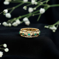 Vintage style lab-grown emerald wedding band for women, featuring intricate design and rose gold finish from Rosec Jewels.