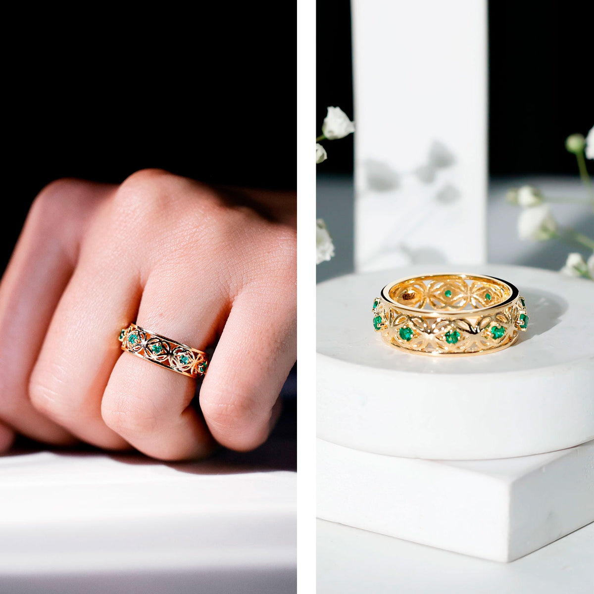 Vintage-looking lab-grown emerald wedding band for women with intricate detailing, showcased by Rosec Jewels.