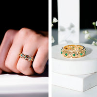 Vintage-looking lab-grown emerald wedding band for women with intricate detailing, showcased by Rosec Jewels.