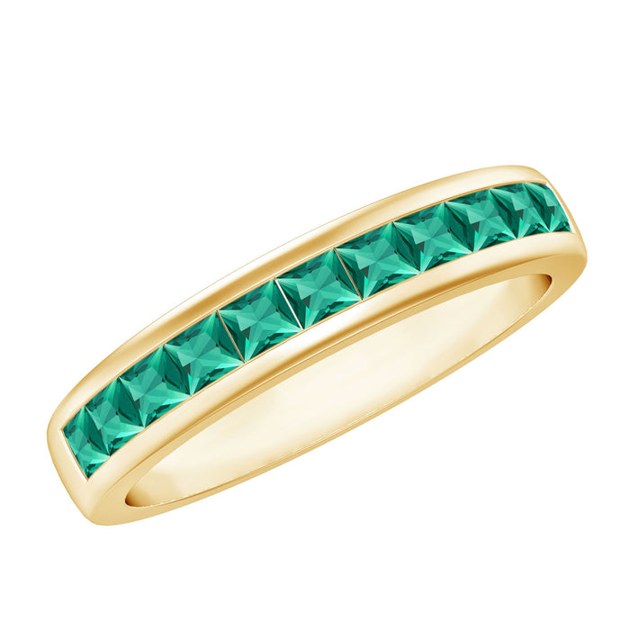 Rosec Jewels lab-grown emerald half eternity ring with channel-set princess cut emeralds and certification.