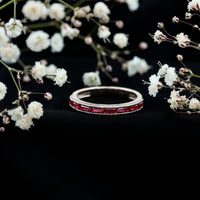 Minimalist Baguette Cut Lab Created Ruby Eternity Ring in Channel Setting