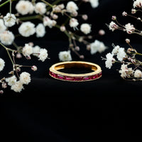 Minimalist Baguette Cut Lab Created Ruby Eternity Ring in Channel Setting