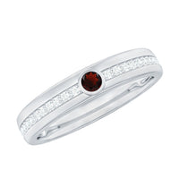 Natural garnet and diamond wide wedding band ring by Rosec Jewels featuring intricate metalwork and sparkling gemstone accents.