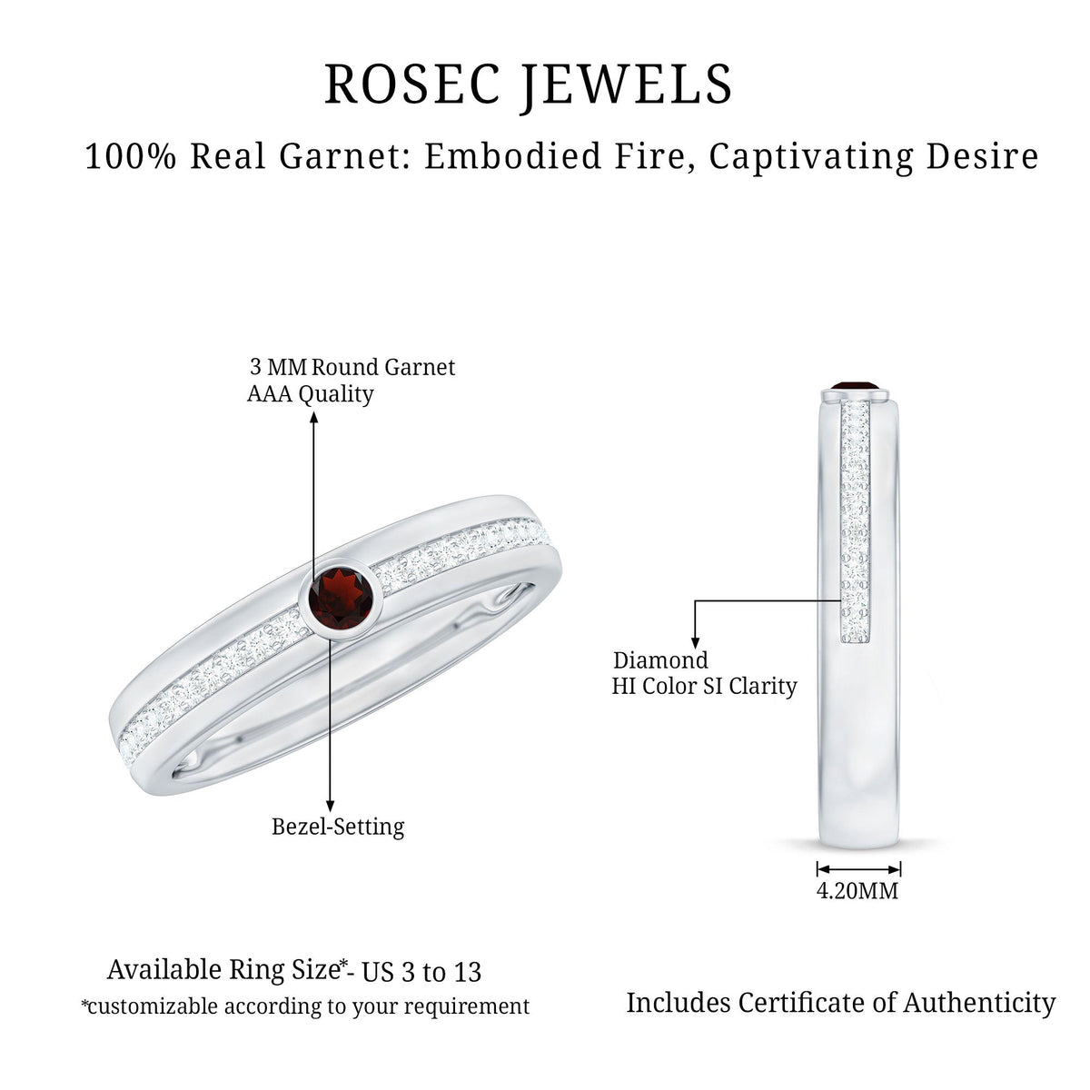 Natural garnet diamond wide wedding band from Rosec Jewels featuring a gold ring with garnet and diamond accents.