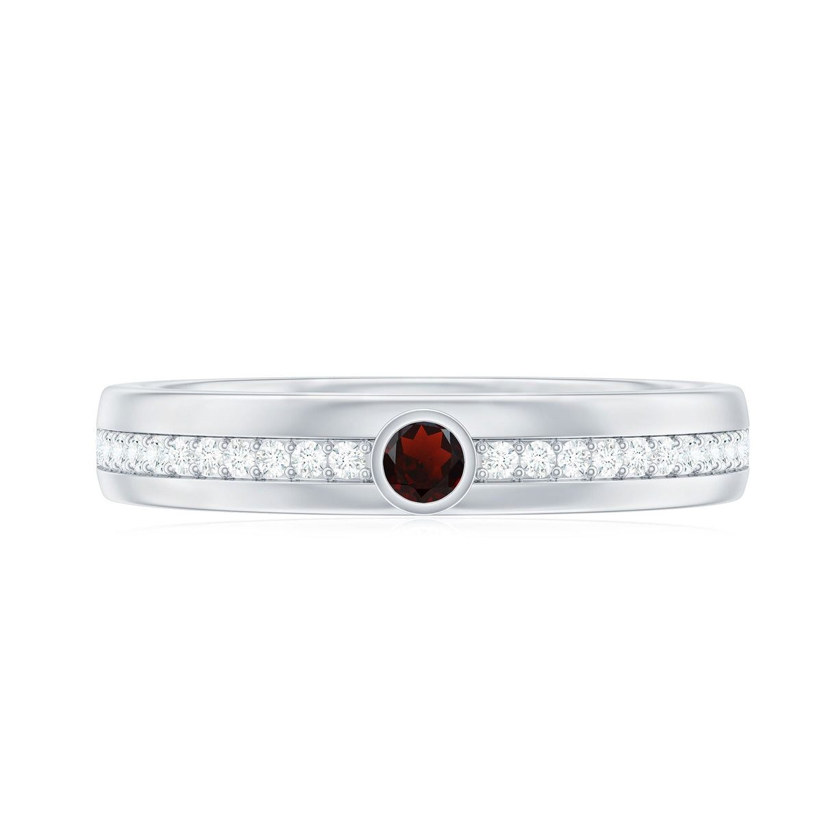 Natural garnet and diamond wide wedding band ring by Rosec Jewels, showcasing intricate design and sparkling gemstones.