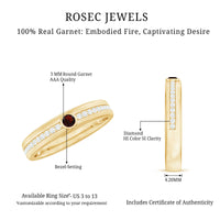 Natural garnet and diamond wide wedding band ring from Rosec Jewels featuring a polished gold finish and intricate detailing.