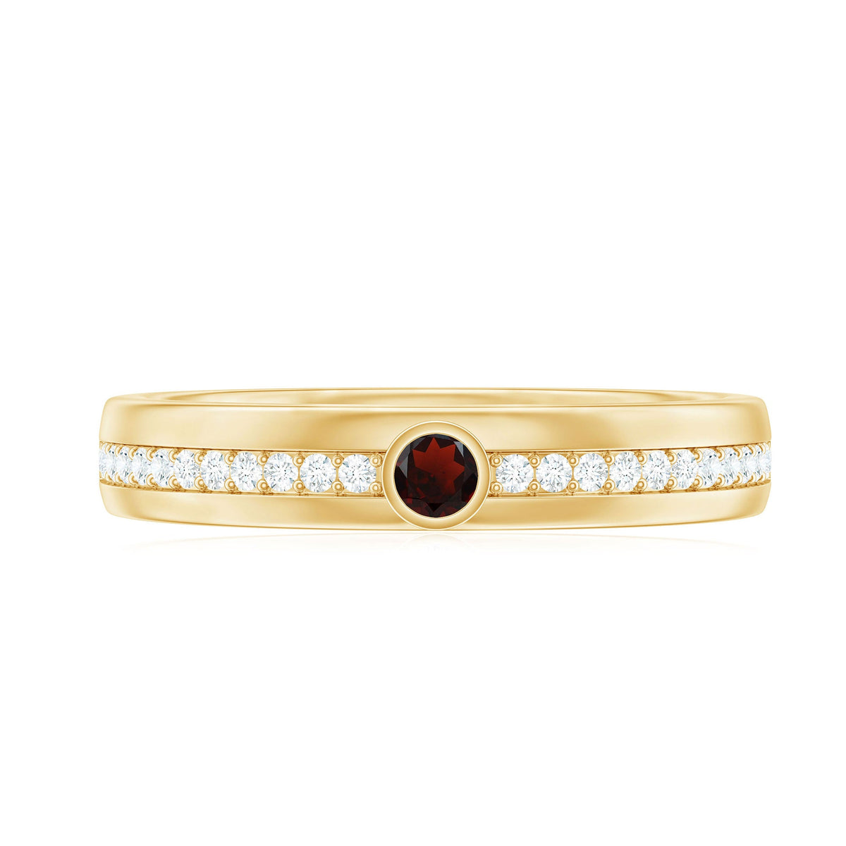 Natural garnet and diamond wide wedding band ring by Rosec Jewels featuring intricate detailing and a polished finish.