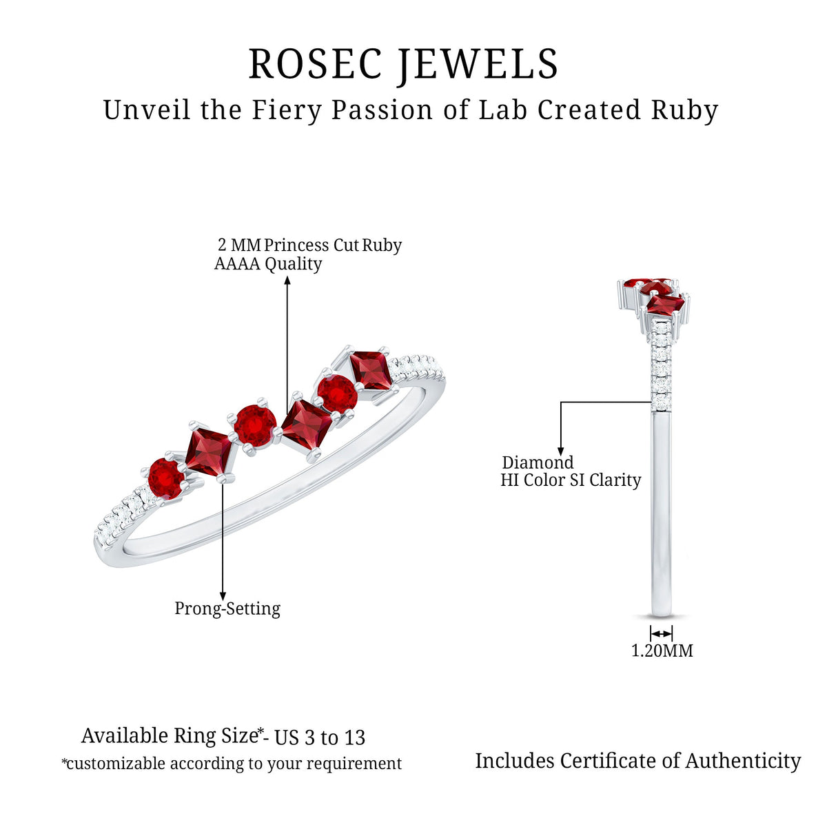 Lab grown ruby and diamond half eternity ring by Rosec Jewels featuring a band with alternating gemstones and intricate metalwork.