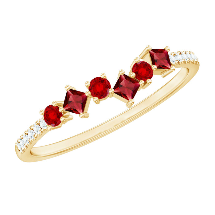 Lab grown ruby and diamond half eternity ring by Rosec Jewels, showcasing sparkling gemstones set in a sleek band.