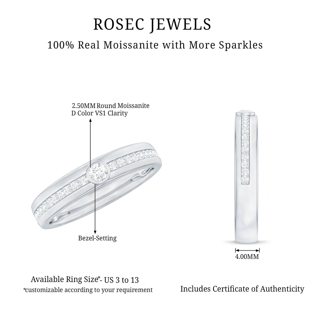 Bezel set moissanite unisex wedding band ring by Rosec Jewels with a sleek, polished design and sparkling center stones.