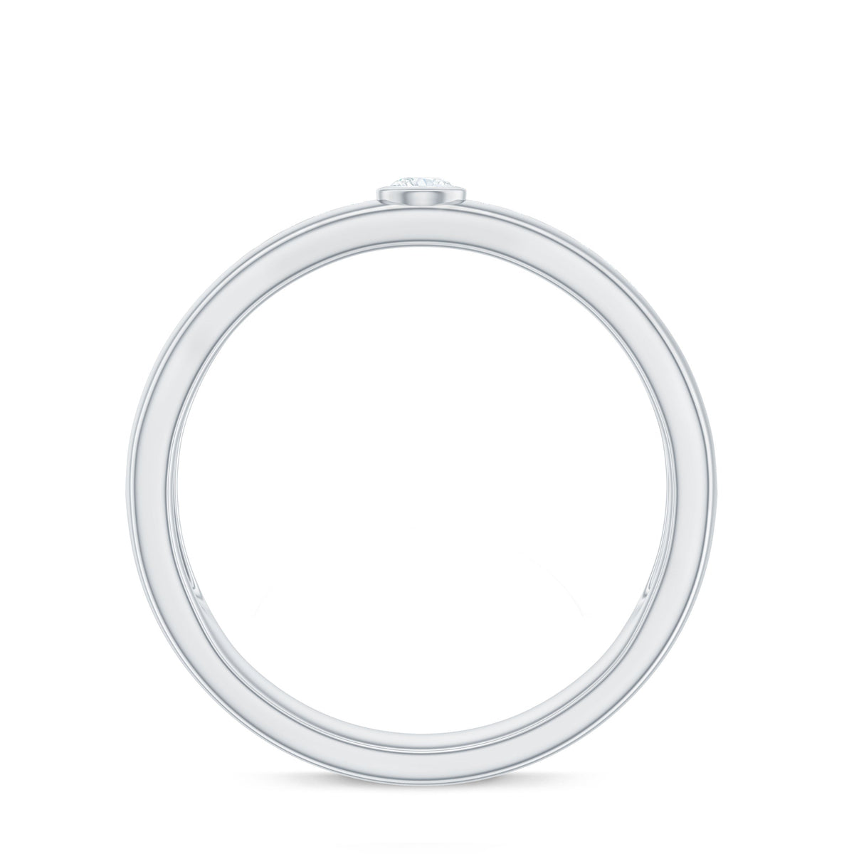 Bezel set moissanite unisex wedding band ring from Rosec Jewels with a sleek silver finish and a sparkling central gemstone.