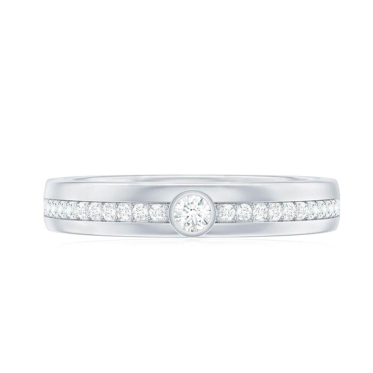 Bezel set moissanite unisex wedding band ring by Rosec Jewels, showcasing a sleek design with sparkling moissanite stones.