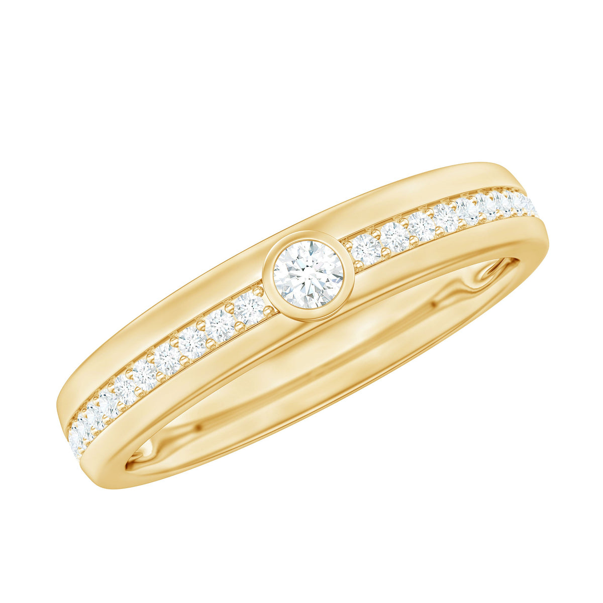 Bezel set Moissanite unisex wedding band ring in silver tone from Rosec Jewels, showcasing a sleek, modern design with sparkling stone accents.
