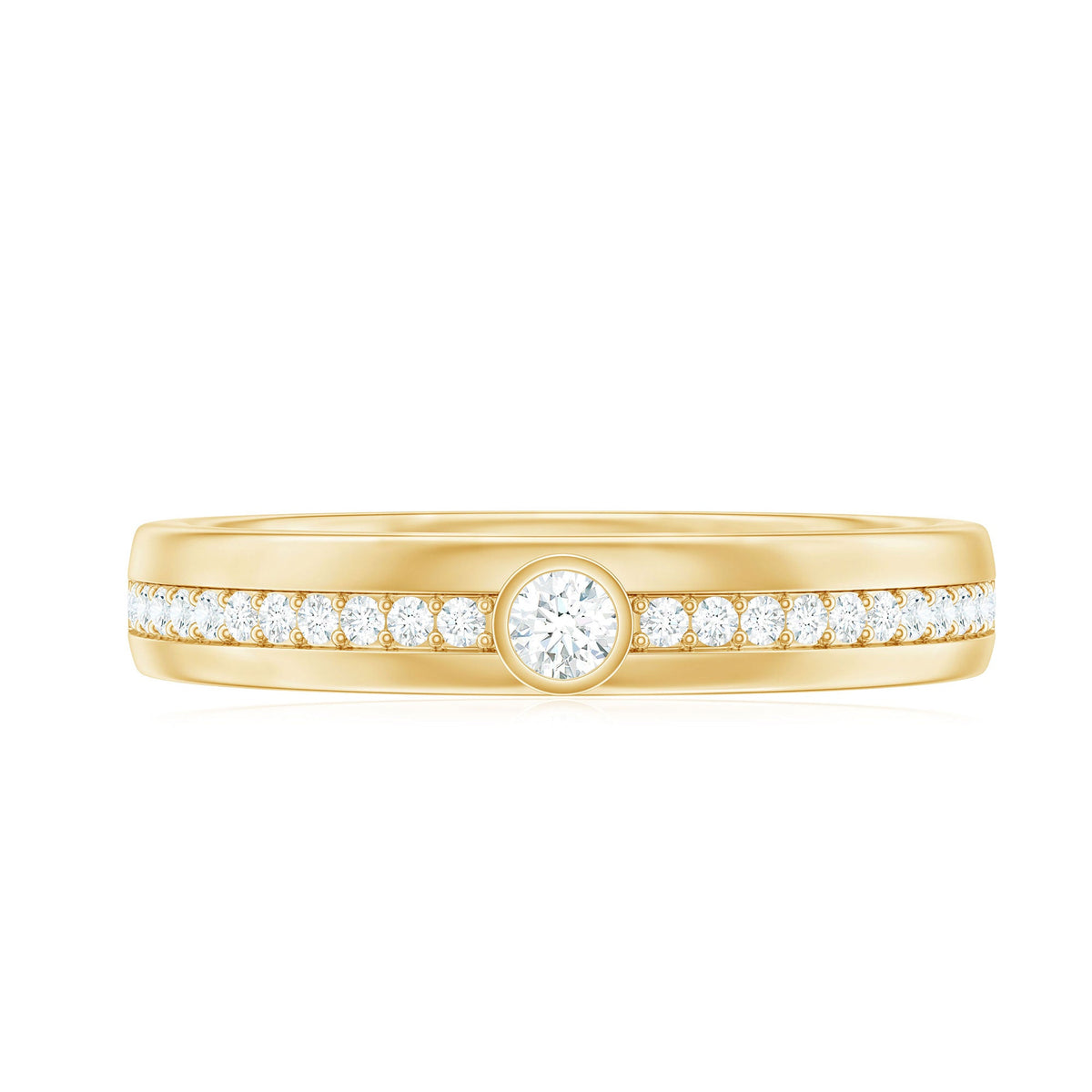 Bezel set moissanite unisex wedding band ring from Rosec Jewels with a sleek, polished design and sparkling gemstone accents.