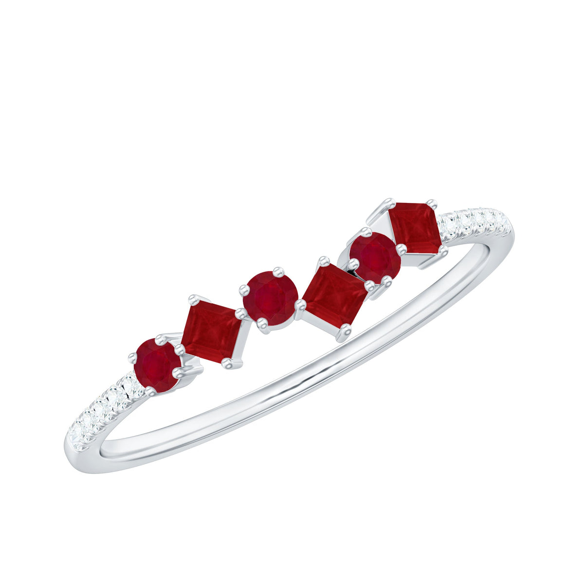 Minimal Ruby Half Eternity Ring with Diamonds by Rosec Jewels, showcasing a delicate band with rubies and sparkling diamonds.