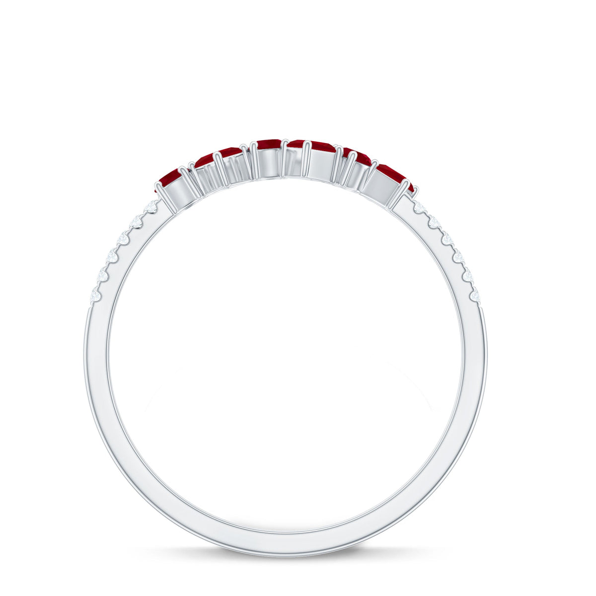 Rosec Jewels minimal ruby half eternity ring with diamond, showcasing a sleek band with alternating rubies and diamonds.