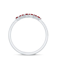 Rosec Jewels minimal ruby half eternity ring with diamond, showcasing a sleek band with alternating rubies and diamonds.