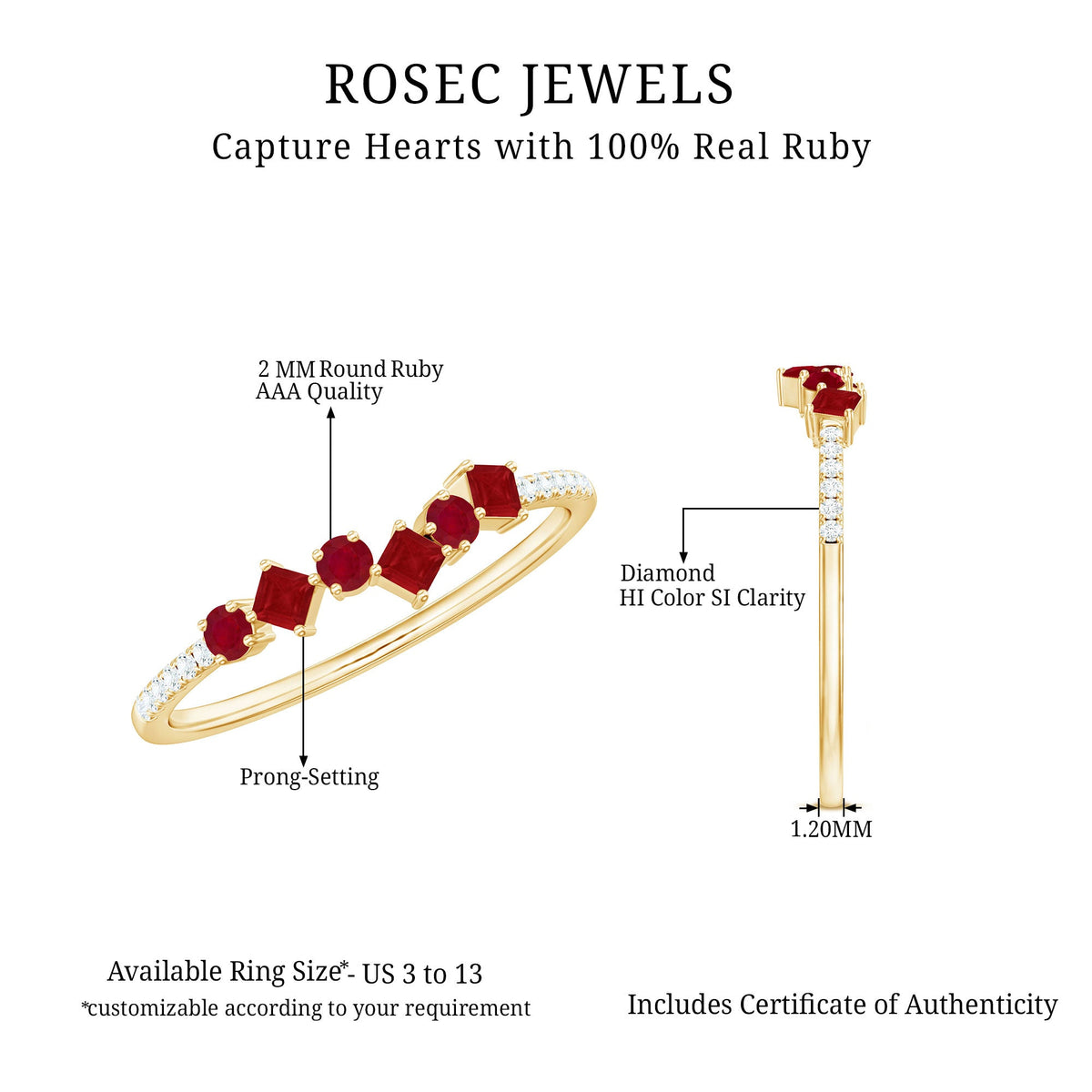 Rosec Jewels minimal ruby half eternity ring with diamond, featuring a sleek band and sparkling gemstones on a white background.