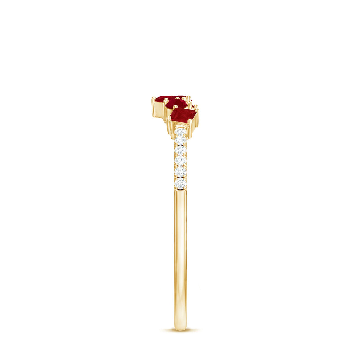 Minimal Ruby Half Eternity Ring with Diamonds by Rosec Jewels, showcasing a sleek band with alternating rubies and diamonds.