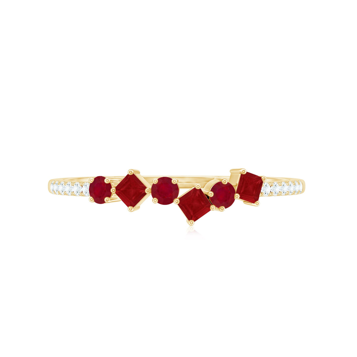 Minimal Ruby Half Eternity Ring with diamonds by Rosec Jewels, showcasing a sleek gold band with evenly spaced diamonds.