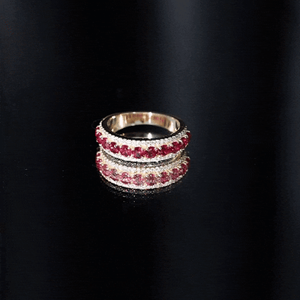 Lab-created ruby and diamond wedding anniversary ring by Rosec Jewels, featuring vibrant gemstones and elegant design.