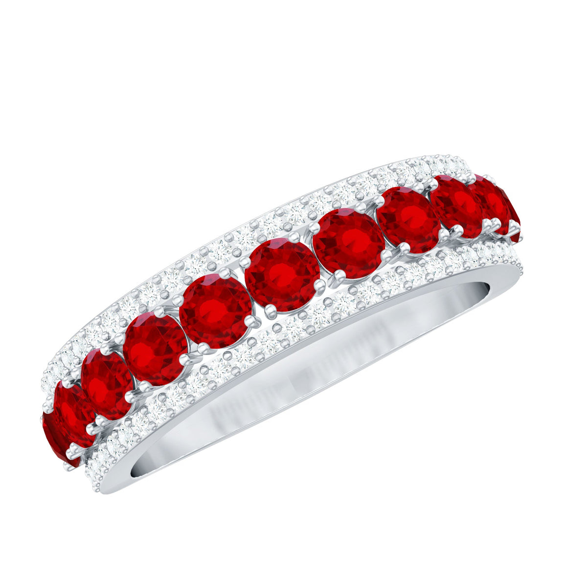 Lab created ruby and diamond wedding anniversary ring by Rosec Jewels, featuring a band with sparkling gemstones and detailed craftsmanship.