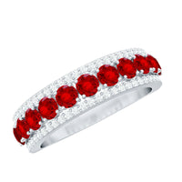 Lab created ruby and diamond wedding anniversary ring by Rosec Jewels, featuring a band with sparkling gemstones and detailed craftsmanship.