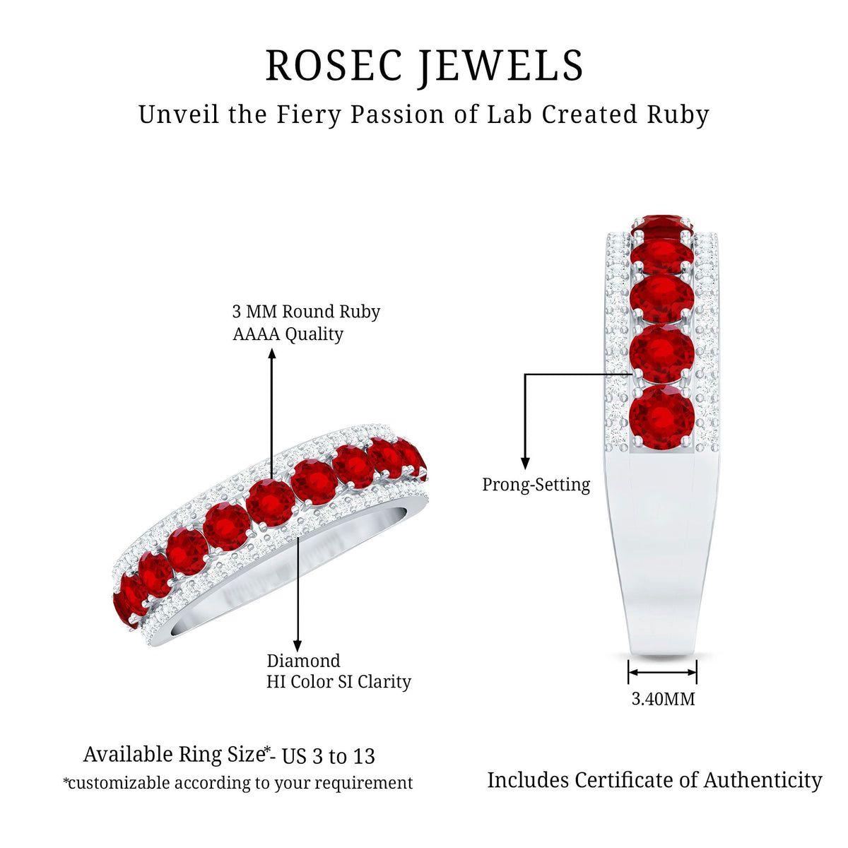 Lab created ruby and diamond wedding anniversary ring from Rosec Jewels featuring a sparkling band with a certificate of authenticity.