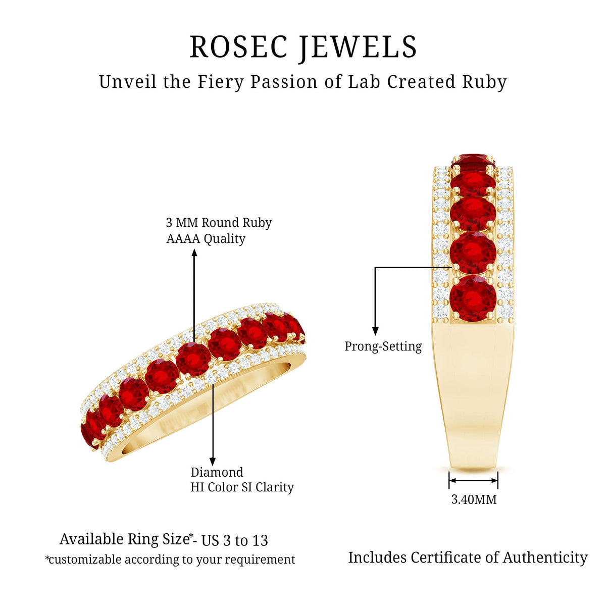 Lab-created ruby and diamond wedding anniversary ring by Rosec Jewels, featuring a sparkling band with a certification.