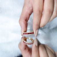 Lab created ruby and diamond wedding anniversary ring by Rosec Jewels featuring a sparkling band with certificate visible.