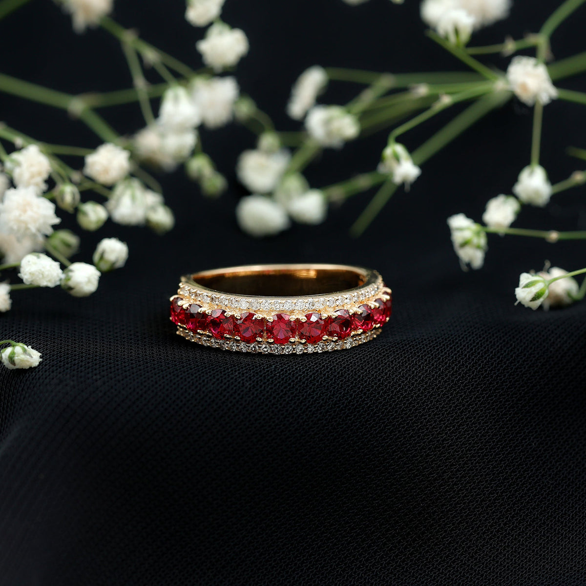 Lab-created ruby and diamond wedding anniversary ring by Rosec Jewels with a certificate, featuring a sparkling band design.
