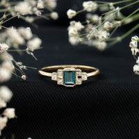 0.7 Carat Emerald Cut London Blue Topaz Statement Ring with Diamond